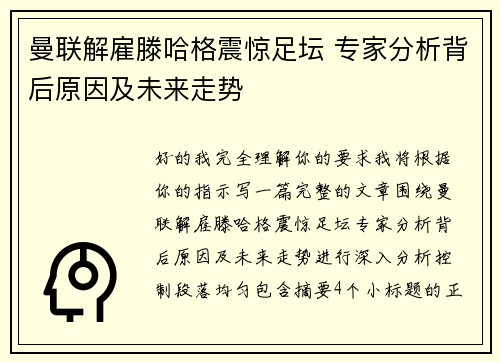曼联解雇滕哈格震惊足坛 专家分析背后原因及未来走势